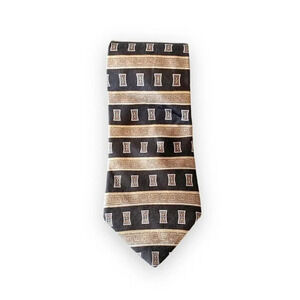 Oscar de la Renta Men’s Silk Tie Necktie Black Taupe Geometric Print Office Work